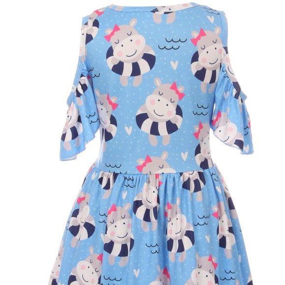 Little Girls Lovely Cold Shoulder Happy Hippo Birthday Party Easter Girl Dress - Picture 2 of 6